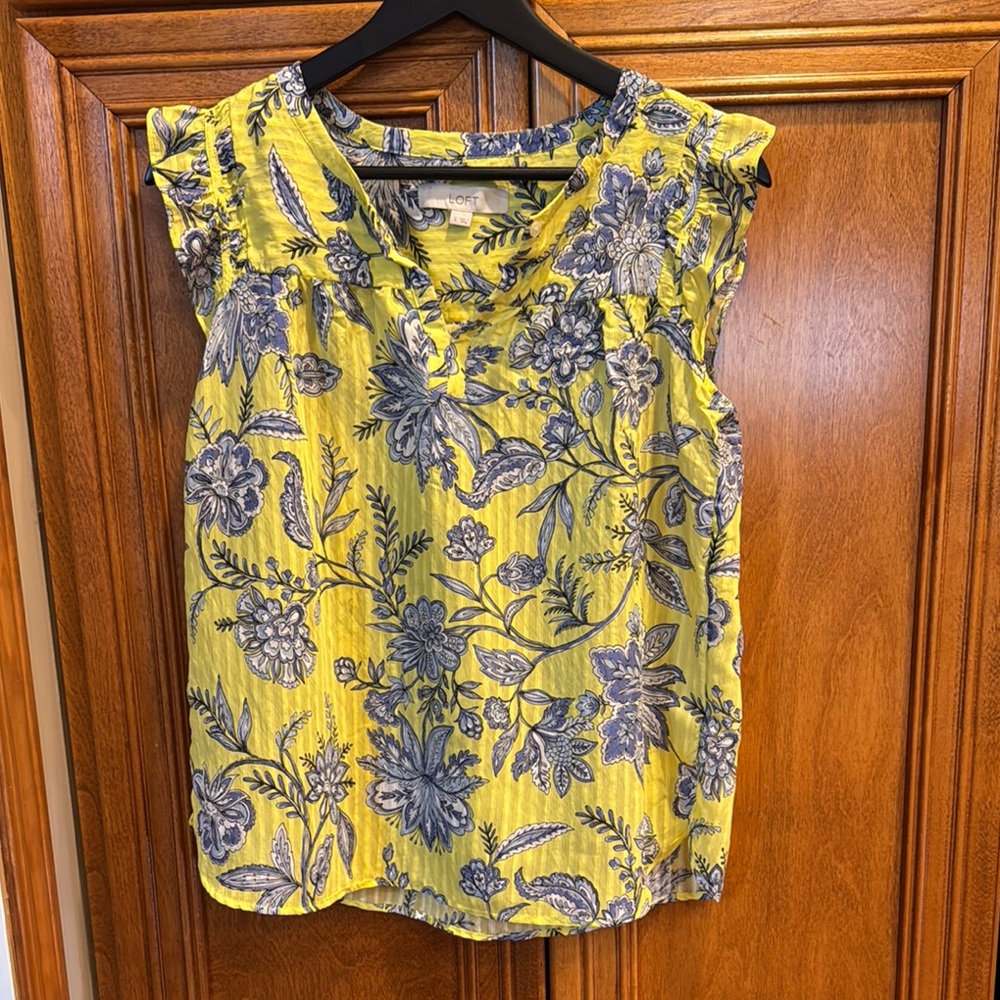 LOFT Yellow and Blue Ruffled Blouse with Bib Collar